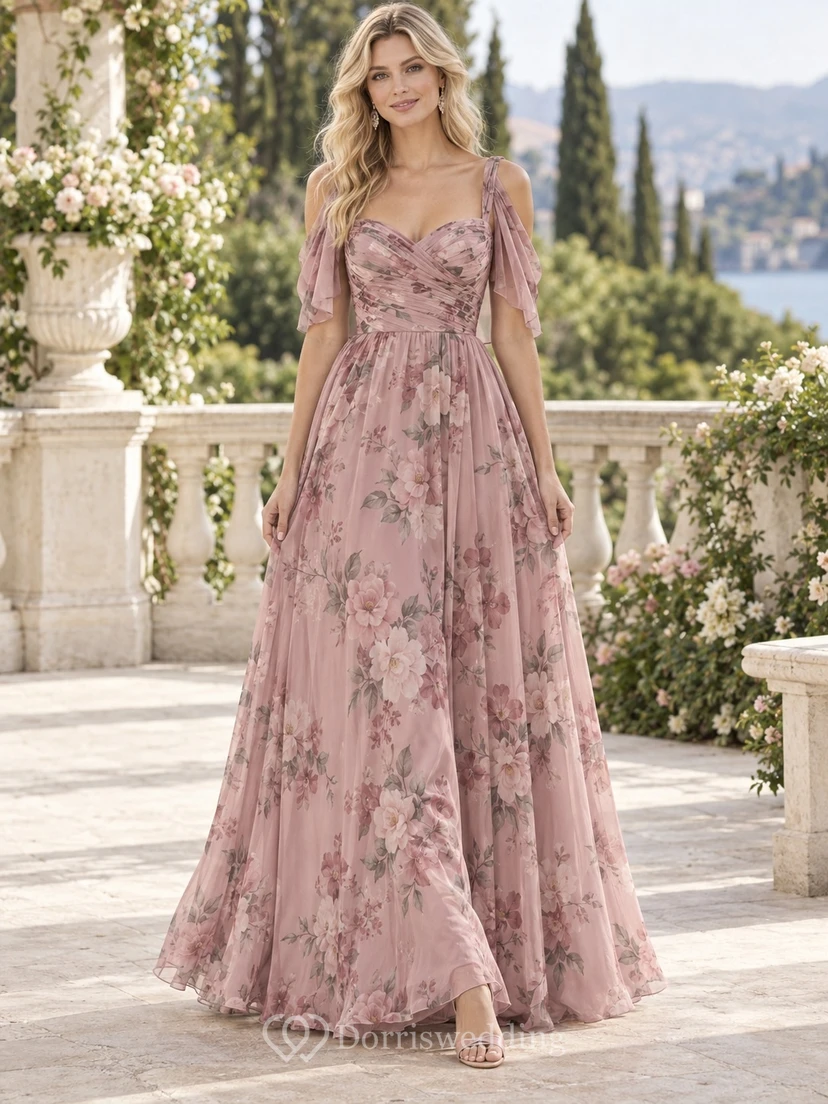Dusty Rose Floral Print Removable Shoulder Drape Square-Neck Floor-Length Chiffon Bridesmaid Dress