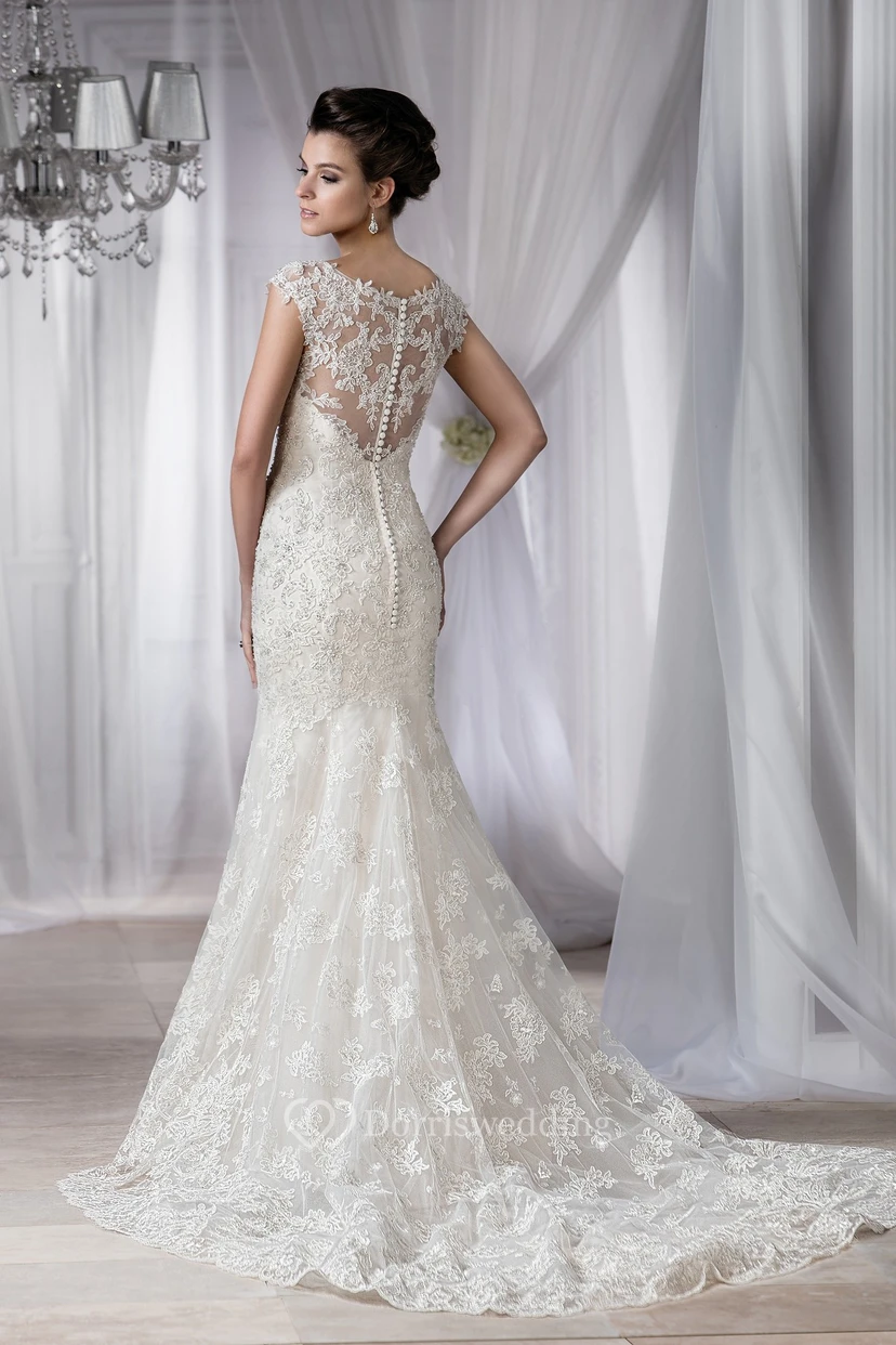 Cap-Sleeved V-Neck Mermaid Gown With Crystal Detail view 2