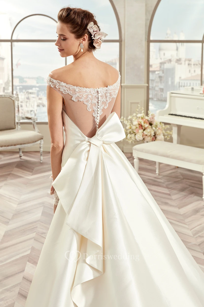 Off-Shoulder Satin Long Wedding Dress With Illusive Design And Back Bow view 2
