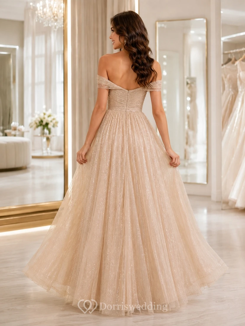 Champagne Off-Shoulder Glitter Tulle Ball Gown Floor-Length Luxury Romantic Abendkleid Dress view 2