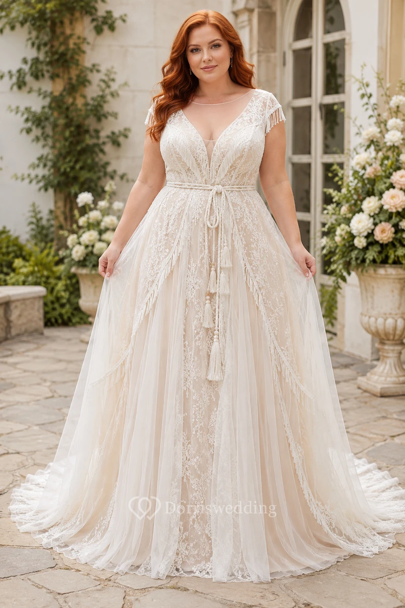 Plus Size Ivory V-Neck Lace A-Line Wedding Dress with Sash Tie Detail