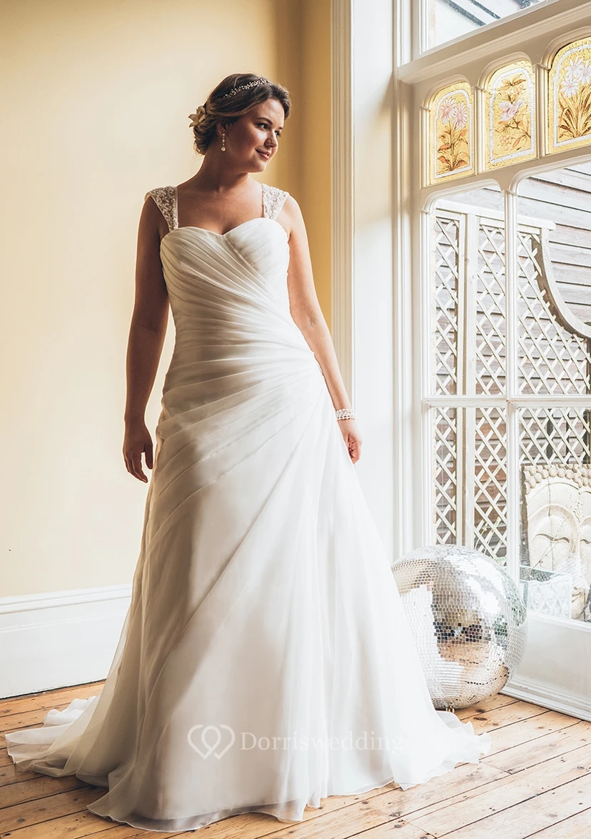 A-Line Floor-Length Queen Anne Sleeveless Court Train Side Draping Dress