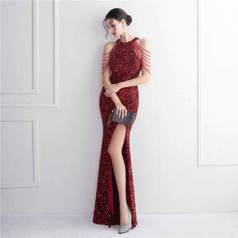 Heavy-Duty Glass Bead Craft Beaded Banquet Evening Dress Temperament Elegant Long Halter Neck Slit Sequins view 45