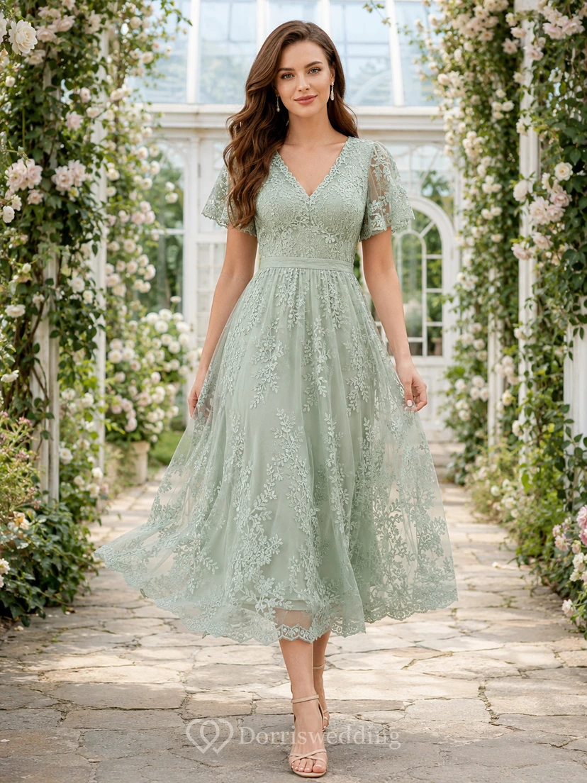 Mint Green V Neck Short Sleeve Lace Guest Dress