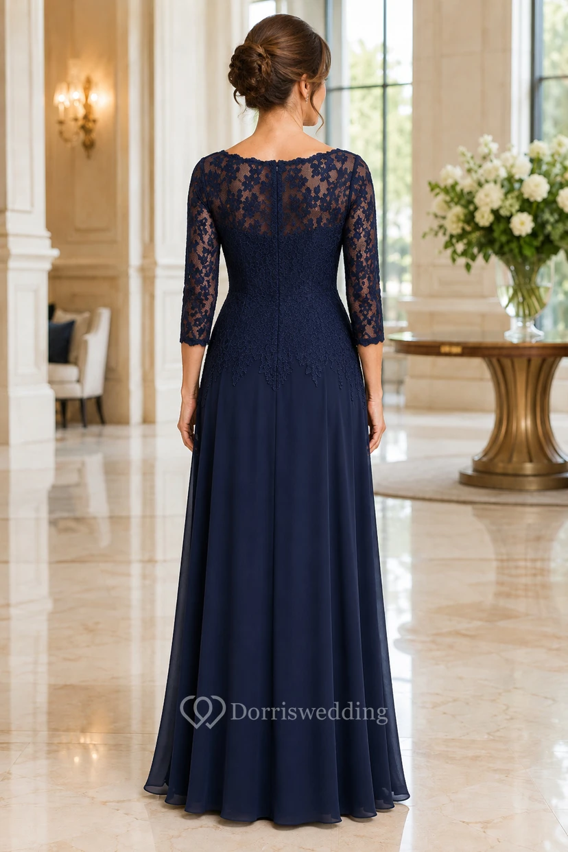 MOB Dress Dark Navy Chiffon Lace A-Line 3/4 Sleeve Bateau Neck Floor Length view 2