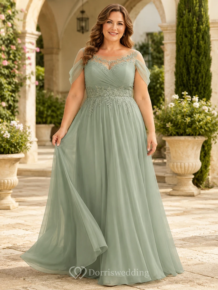 Plus size sage illusion lace bodice tulle mother gown