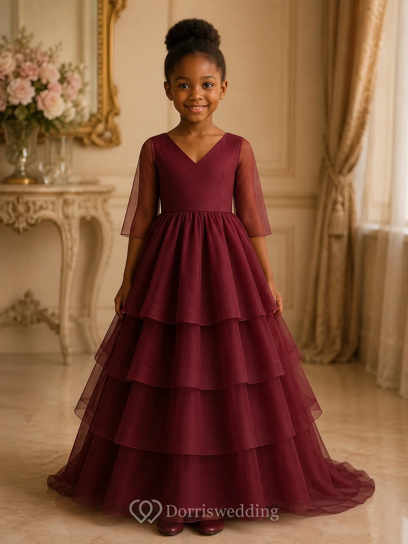 V-neck Illusion Half-sleeve Tiered A-line Flowergirl Dress with Sweep Train view 5