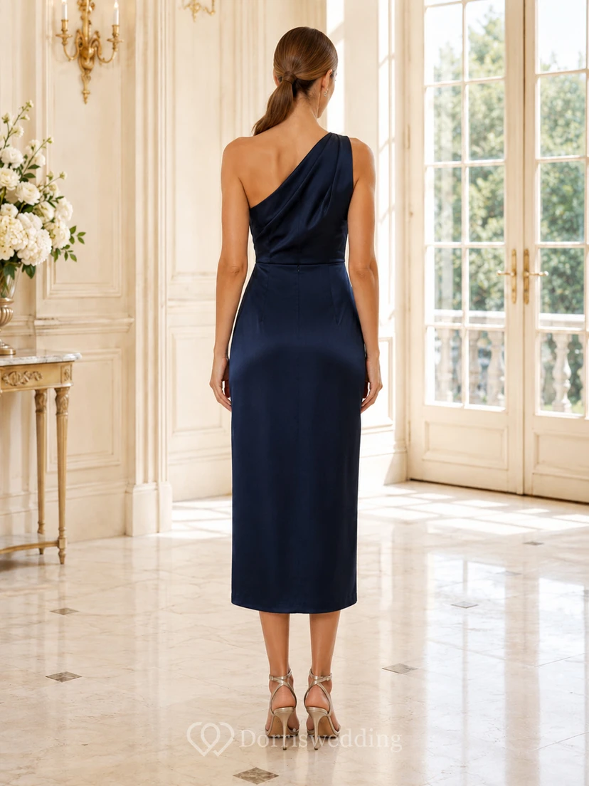 Estate Dark Navy One-Shoulder Crepe Sheath Tea-Length Slit Guest Dress view 2