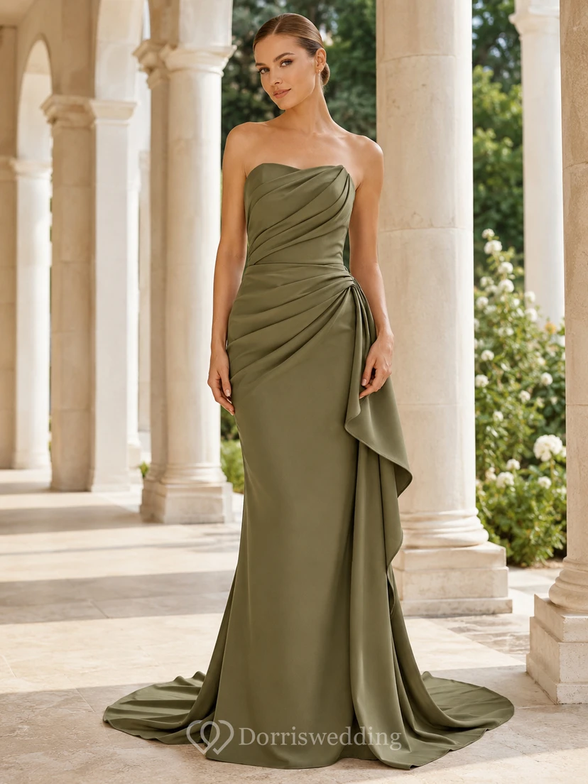 Olive Green Asymmetric One Shoulder Draped Satin Sheath Wedding Gown