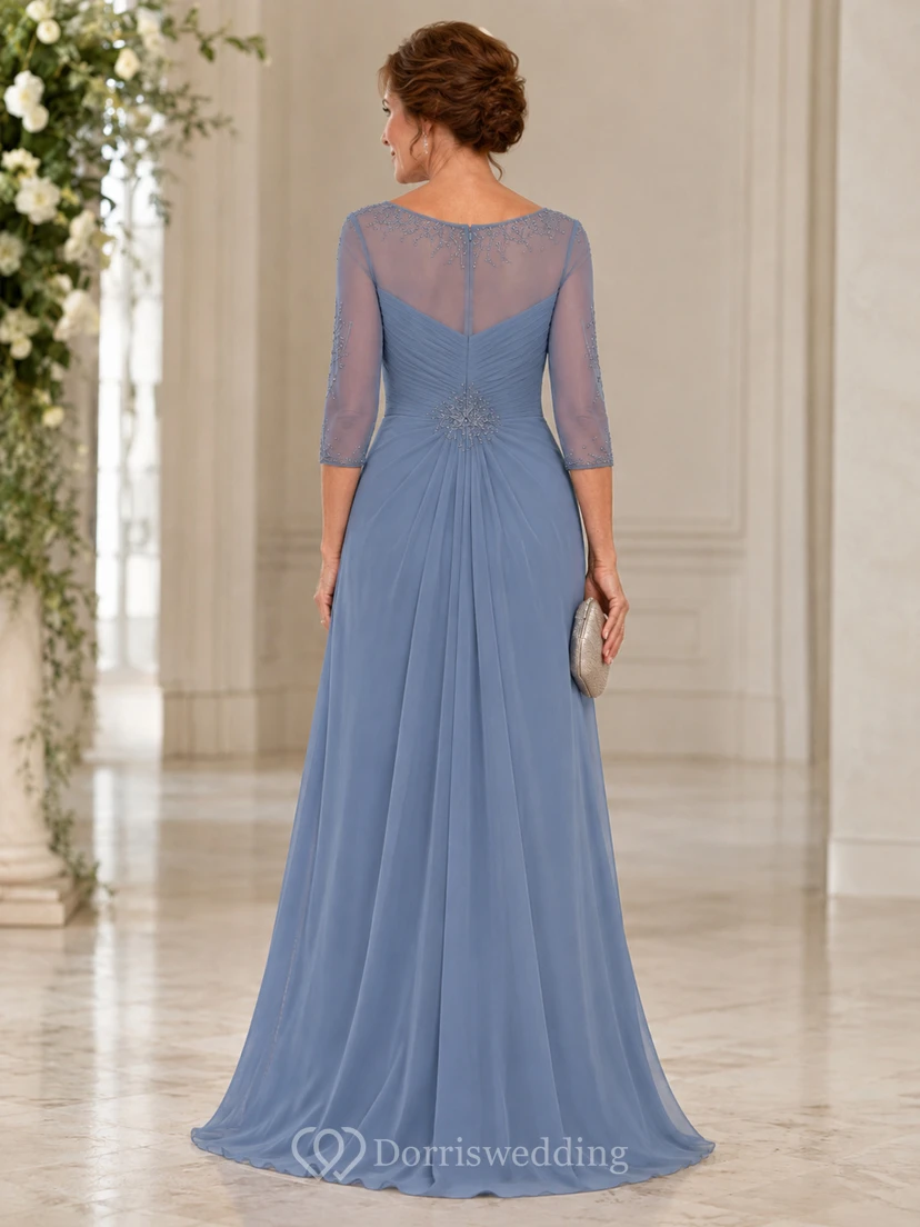 Steel Blue Illusion Sleeve Mother Gown Steel Blue Bateau Jewel A-Line Floor-length view 2