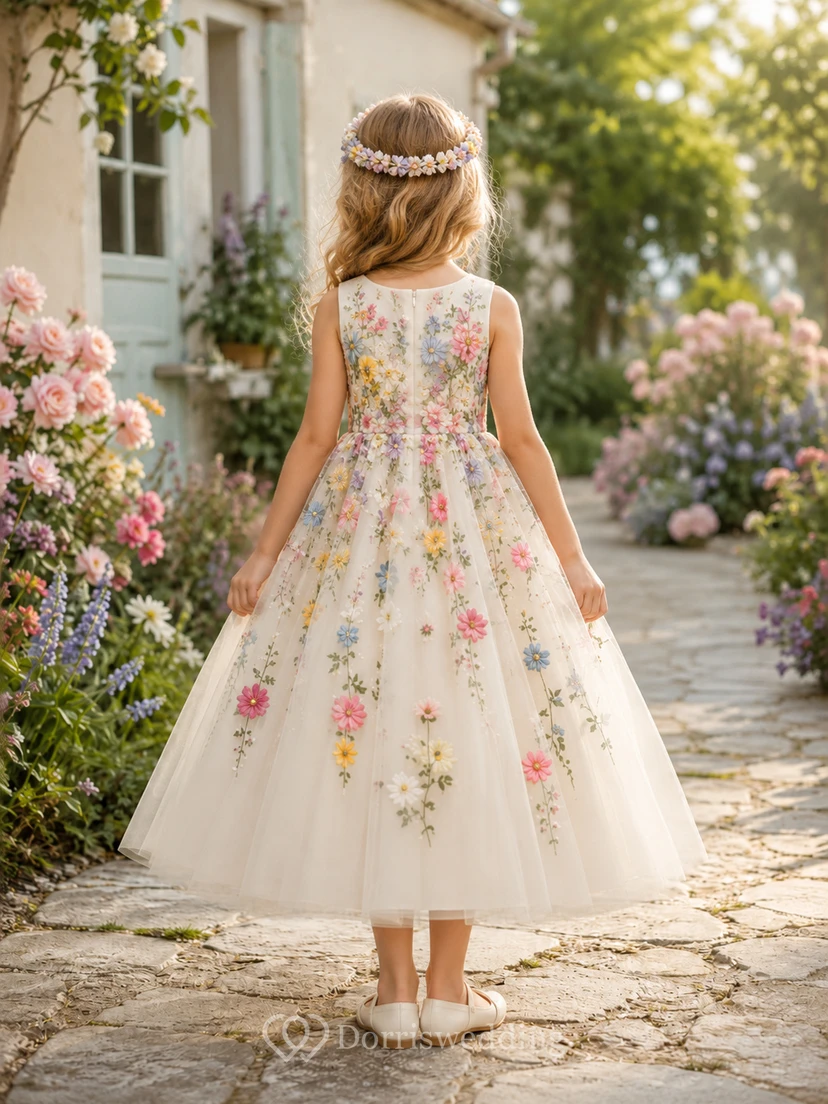Romantisches, böhmisches Blumenmädchenkleid aus Tüll in A-Linie mit ärmellosem Oberteil und langem Rock view 2