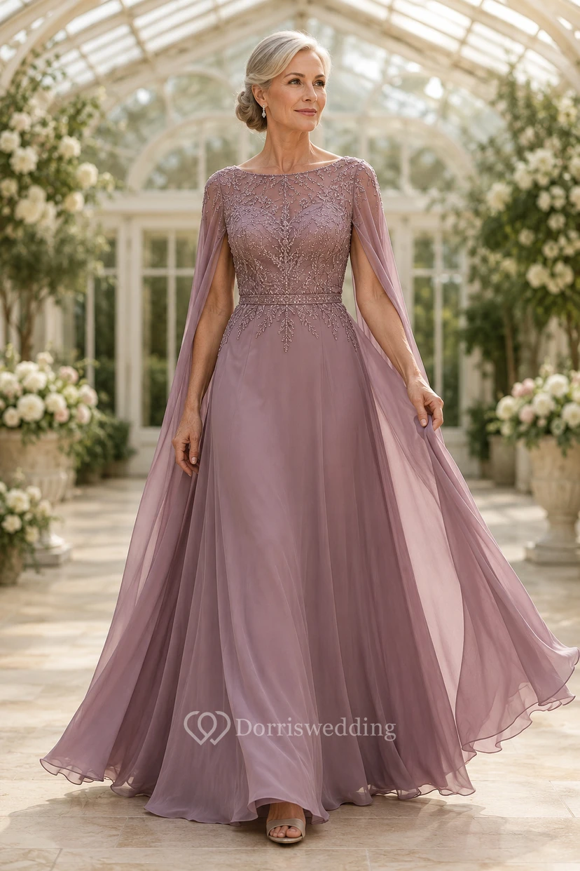 MOB-Kleid, mauvefarbener Chiffon-Spitzen-A-Linien-Schnitt, lange Ärmel, Rundhalsausschnitt, bodenlang, plissiert