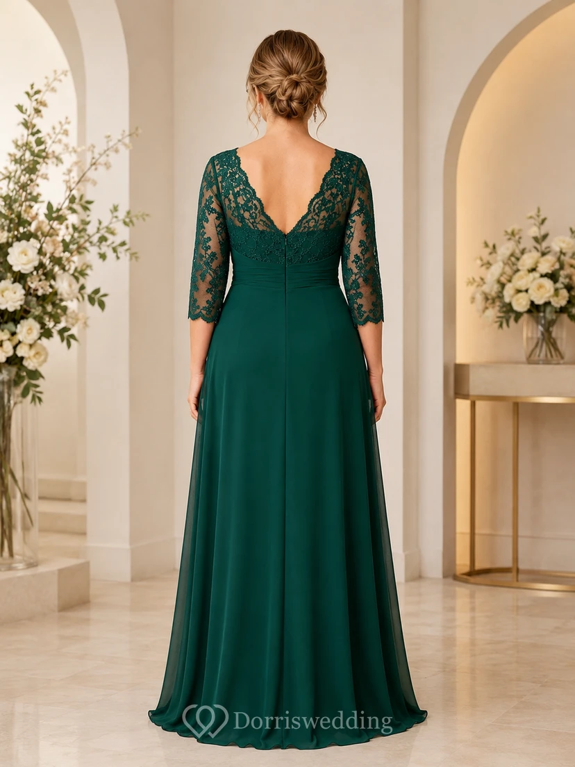 Dunkelgrünes Mutterkleid aus Spitze mit V-Ausschnitt, dunkelgrünes A-Linien-Kleid mit V-Ausschnitt, bodenlang view 3