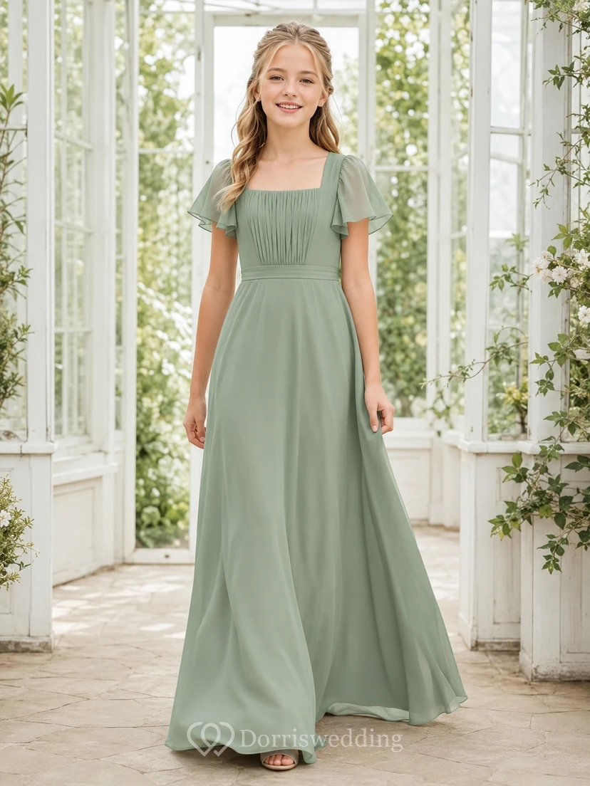 Vestido de dama de honor juvenil color celadón, corte en A, manga corta cuadrada, falda abullonada/globo, gasa, estilo romántico.
