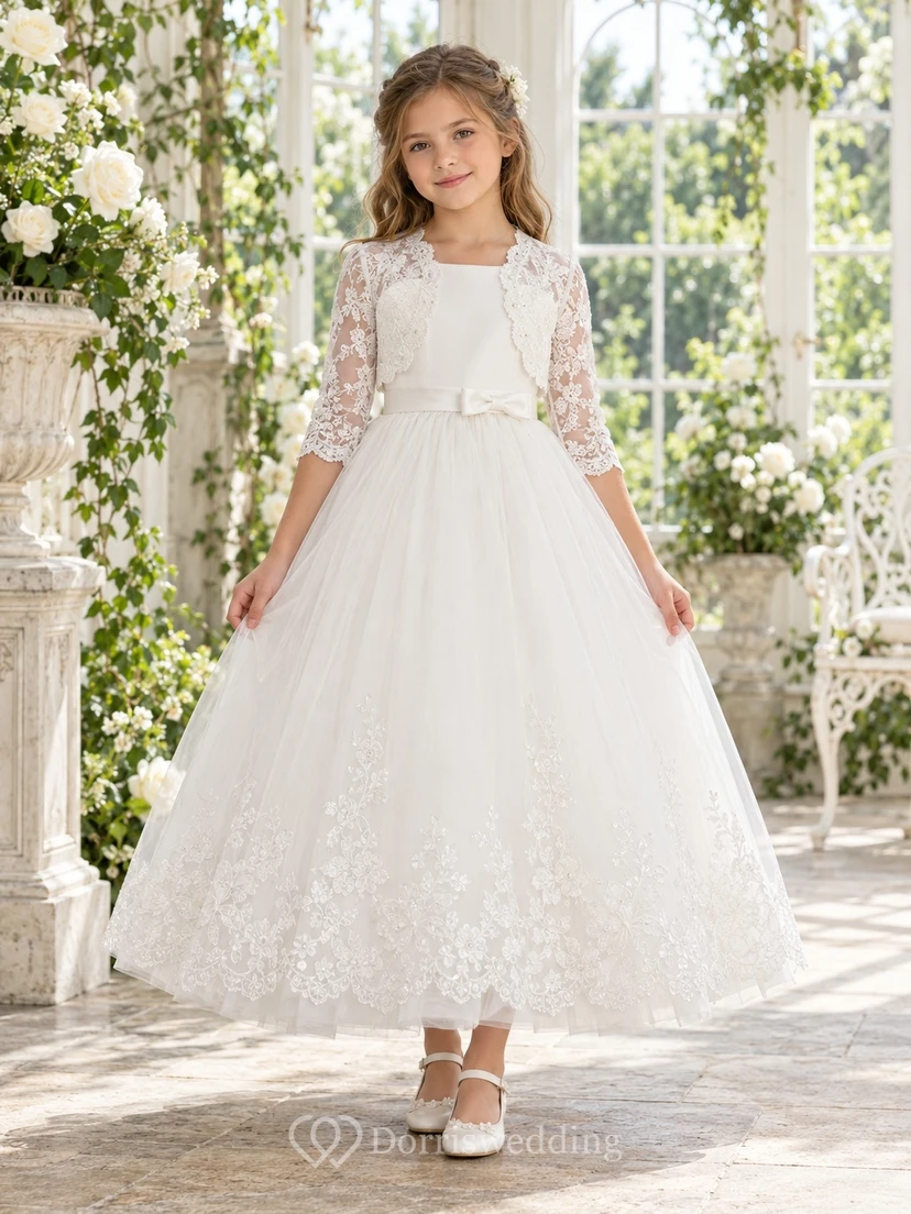 Vestido de niña de flores blanco de corte A, encaje y tul, largo hasta los tobillos, manga tres cuartos, estilo bolero, con lazo en la espalda.