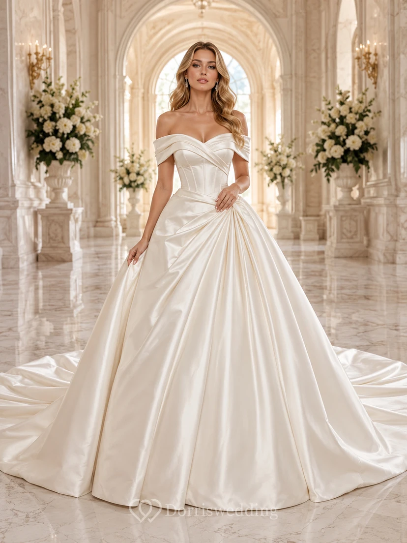 Vestido de novia minimalista de satén, estilo princesa, con hombros descubiertos y cola larga.