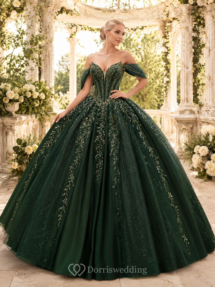 Dark Green Off-Shoulder Beaded Vine-Applique Tulle Ball-Gown Quinceanera Dress Luxury