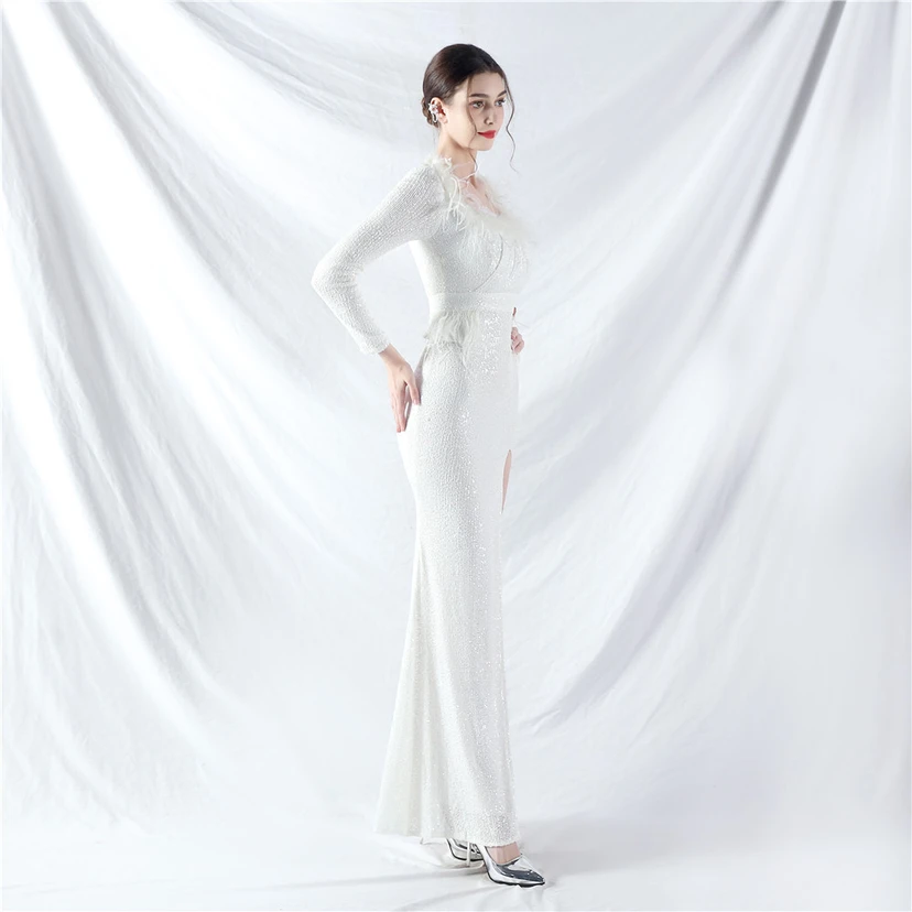 Craft-Made Ostrich Feather Long-Sleeved Beads Evening Dress view 4