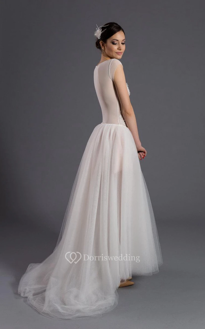 Cap Sleeve A-Line Tulle Gown With Illusion Back and Scoop Neckline