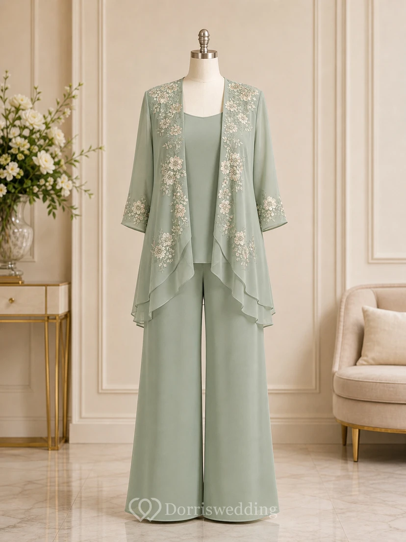 Sage Floral Embroidered Mother Pantsuit Sage Scoop Jewel Jumpsuit Ankle-length view 7
