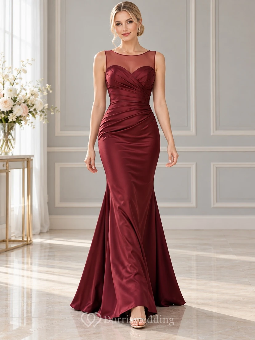 Burgundy Illusion Sweetheart Ruched Satin Sleeveless Trumpet Formal Gown
