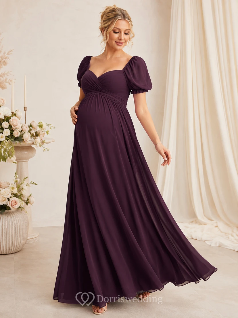 Vestido de noche largo de satén estilo imperio, elegante y elegante, con escote corazón y mangas abullonadas, color ciruela.