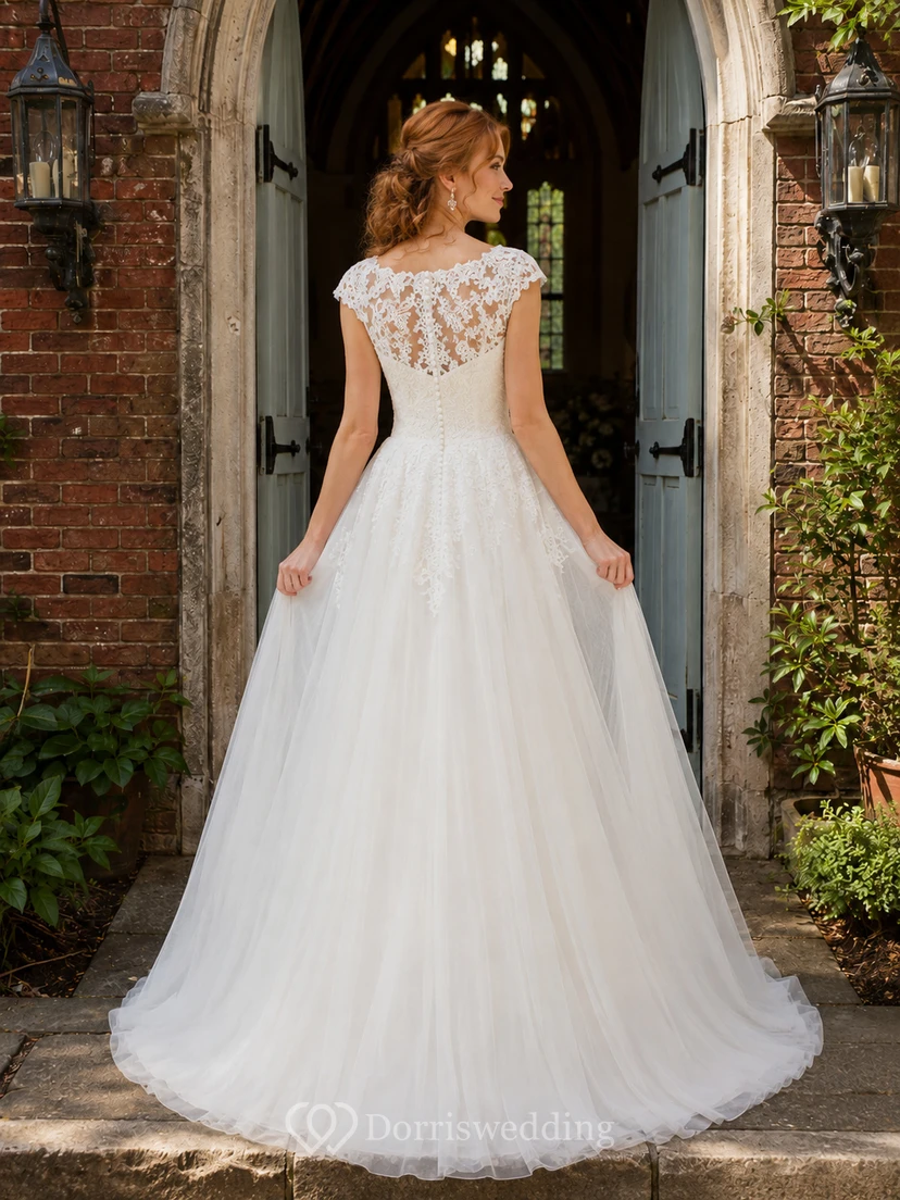 Ballkleid mit kurzen Ärmeln, Spitzenoberteil und Kapellenbrautkleid view 2
