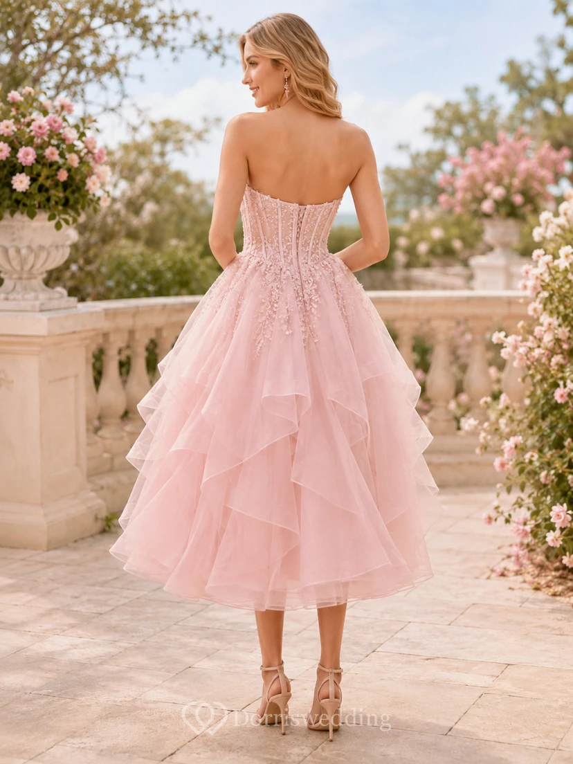 Robe de soirée rose poudré luxueuse, longueur thé, bustier cœur, en organza superposé, robe de bal Sweet Sixteen view 2