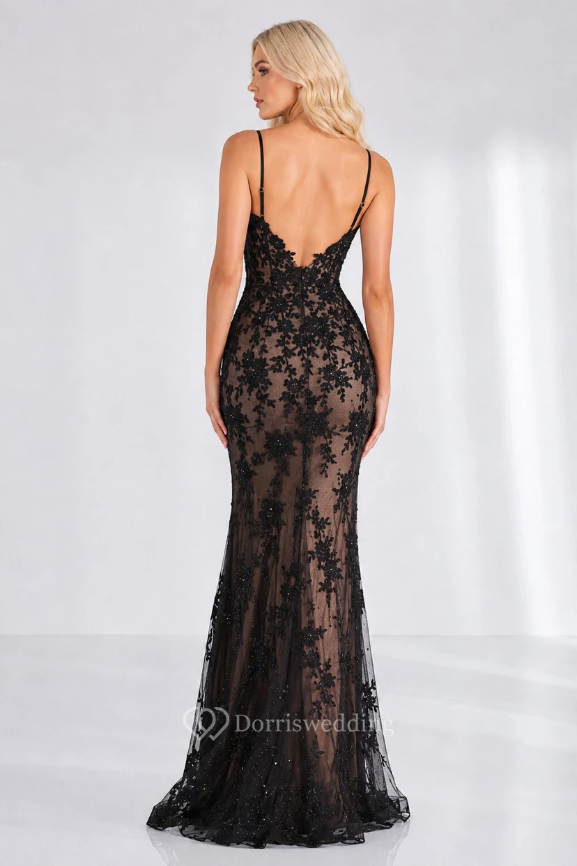 Black Nude Spaghetti Strap Lace Mermaid Evening Dress with Sheer Bodice and Low Back view 2
