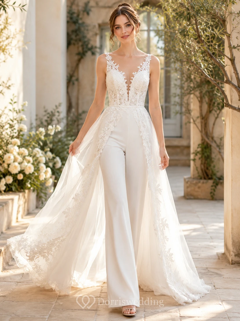 Combinaison de mariée en dentelle à décolleté en V profond illusion avec surjupe amovible