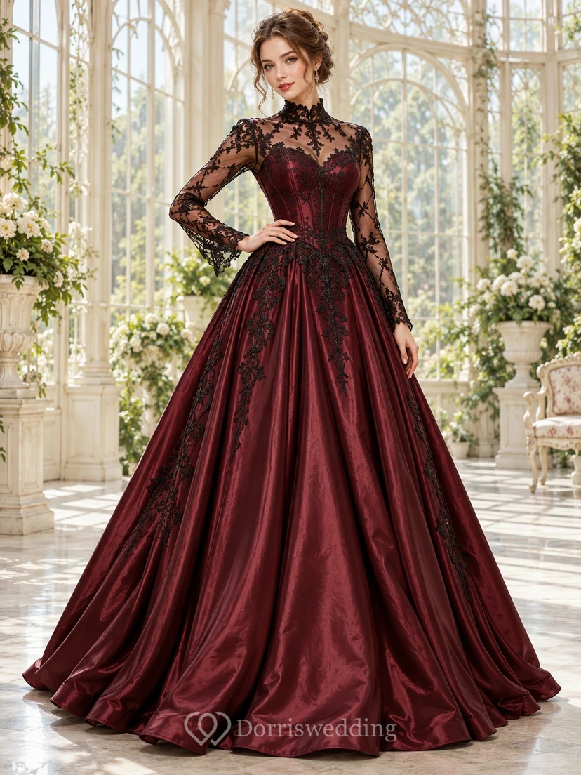 Robe de bal gothique bordeaux à col montant et manches longues en dentelle