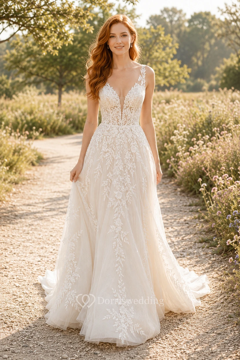 Vestido de novia de encaje y tul, corte en A, escote en V, sin mangas, cola larga, espalda baja en V.