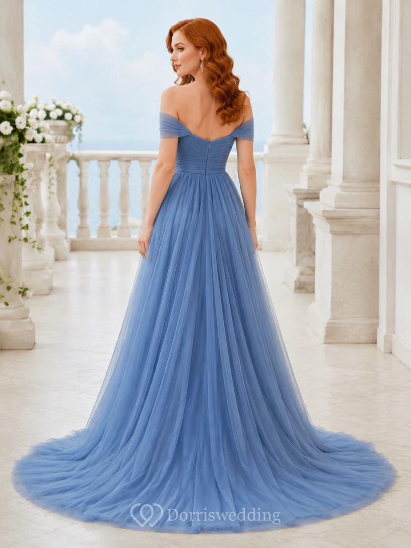 Sky Blue Off-the-Shoulder Sleeveless Tulle A-Line Sweep Train Prom Dress view 2