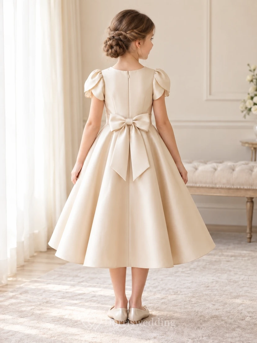 Modest Champagne Tea-length Overlapping Petal Sleeve Folded Bow Full Satin Flower Girl Dress