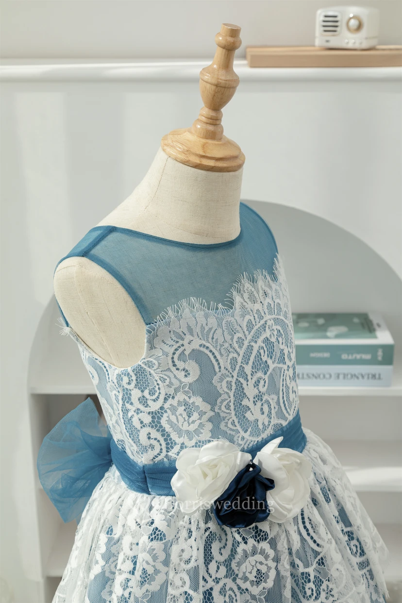 Lace Two-Tone White and Blue Ball Gown Flowergirl Dress with Petals view 6