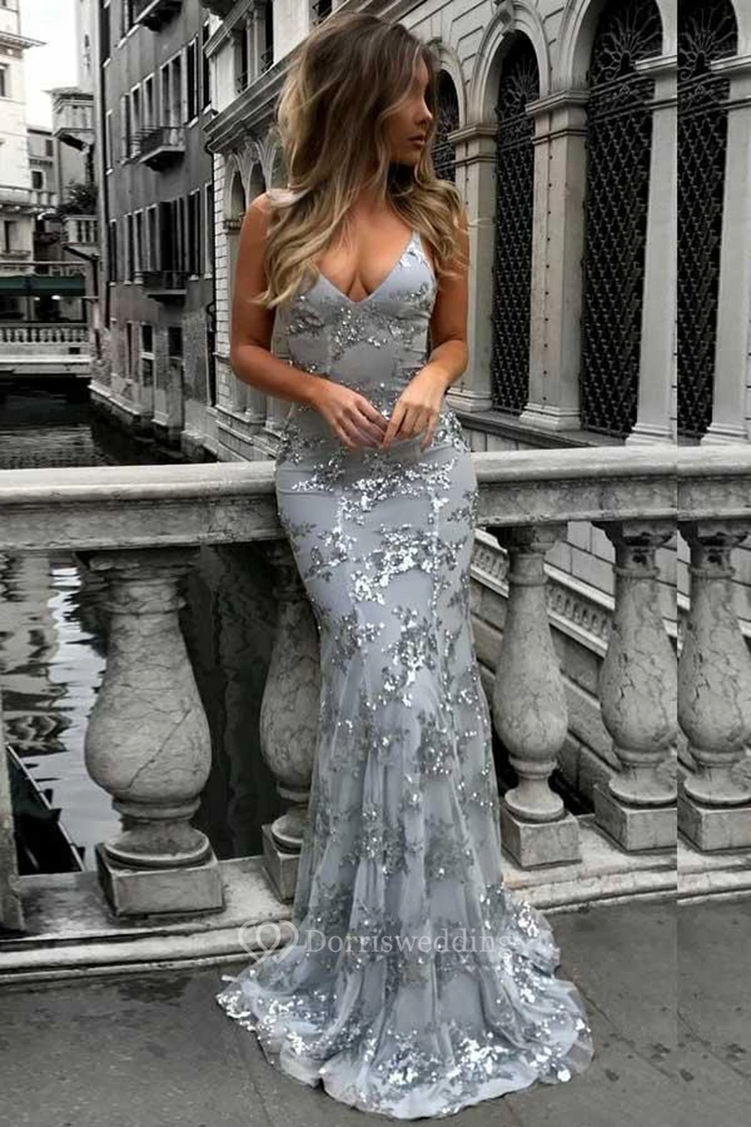Sheath Tulle Straps V-neck Sleeveless Open Back Straps Dress