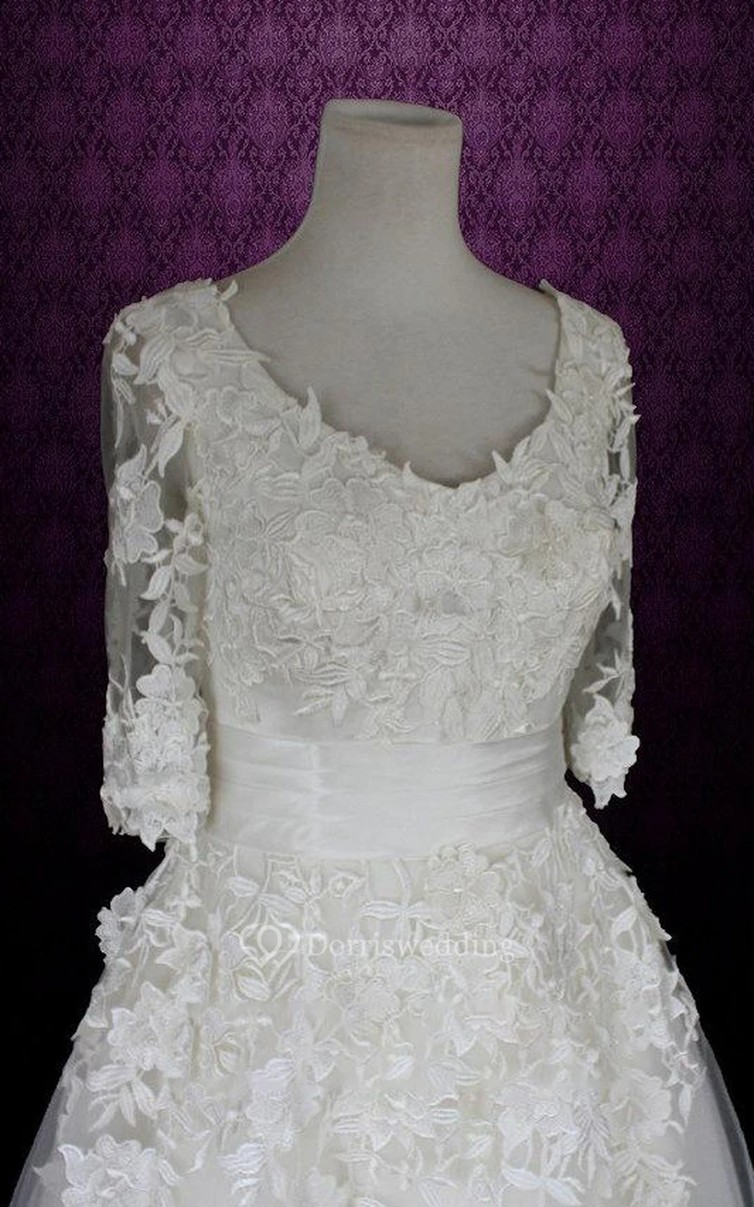 V-Neck Half Sleeve Low-V Back Tulle Tea Length Wedding Dress With Sash And Appliques view 4