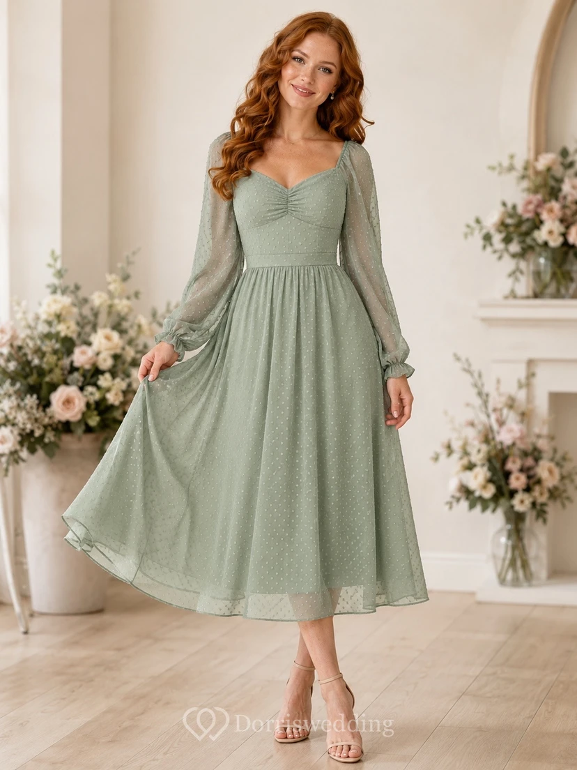 Vestido formal bohemio de gasa de manga larga con escote en V y corte en A, color verde salvia, largo hasta la rodilla.