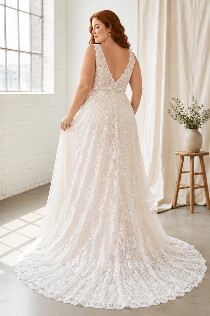 Elfenbeinfarbenes Brautkleid in A-Linie mit V-Ausschnitt und tiefem Rückenausschnitt in großen Größen view 2