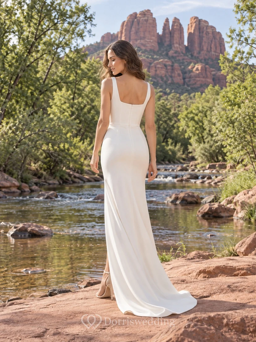 Vestido de novia sencillo de crepé hasta el suelo, sin mangas, con escote cuadrado y abertura en la espalda, de corte recto y sin mangas. view 2
