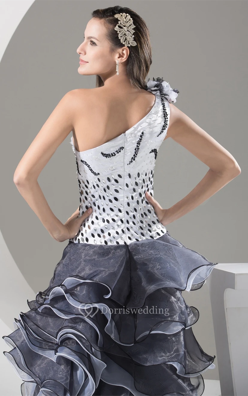 Flowered One Shoulder Floor Length A-Line Sleeveless Gown With Cascading Ruffles and Sequins view 7