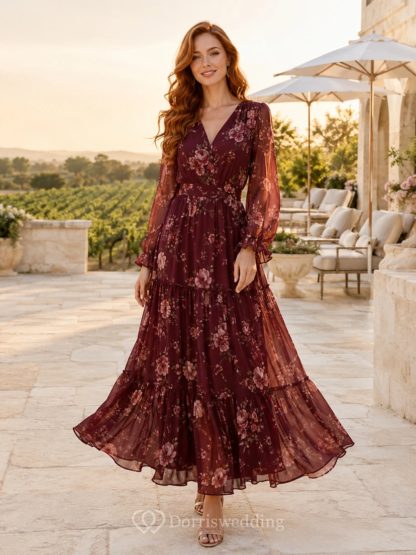 Burgundy Winery Garden Wedding Guest Bridesmaid Cocktail Formal Dress A-Line Tea-Length V-Neck Long Sleeve Chiffon Floral Print Ruffle Trim Tiered Skirt Zipper Back