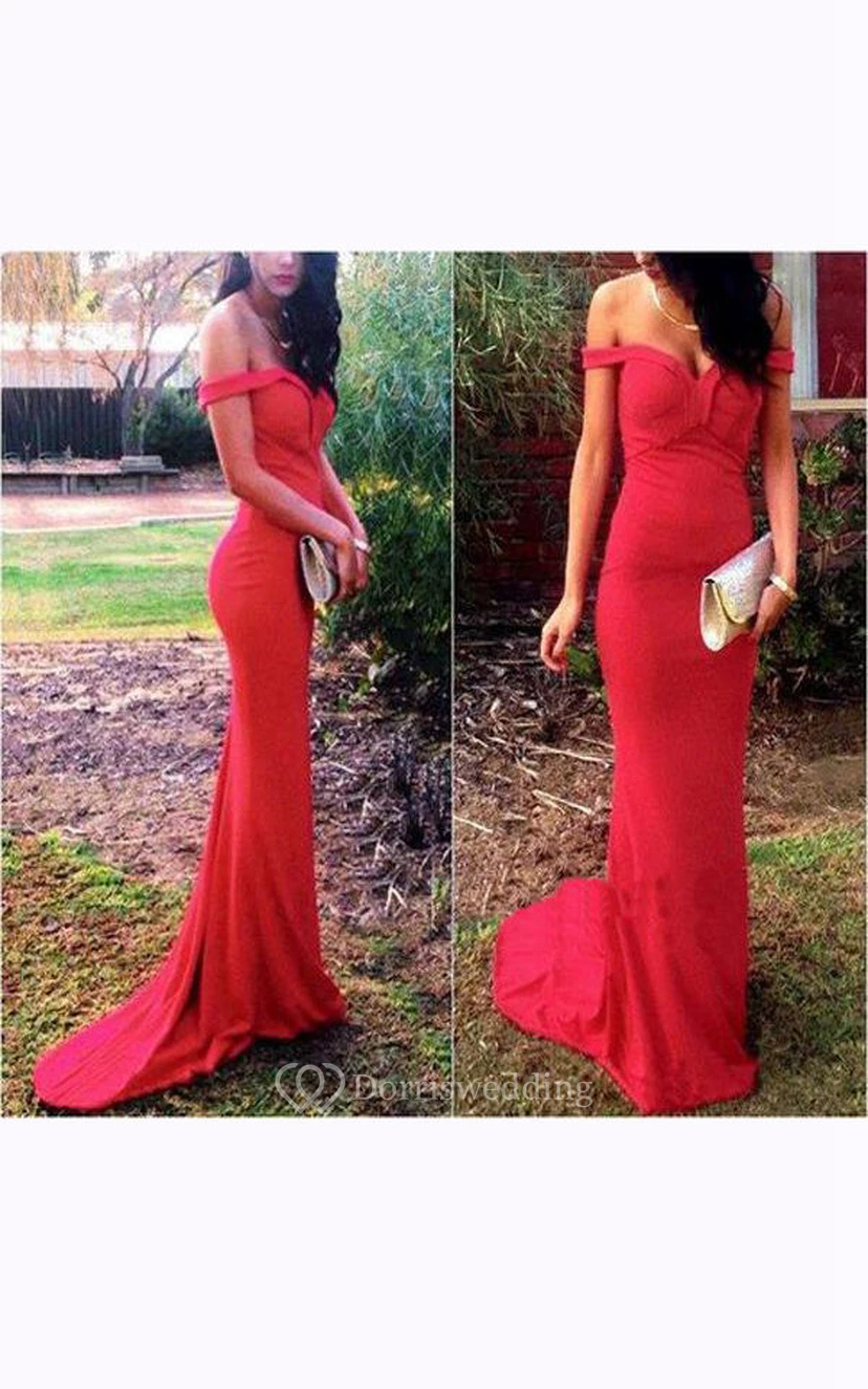 Off-the-shoulder Long Sheath Chiffon Dress with Open Back