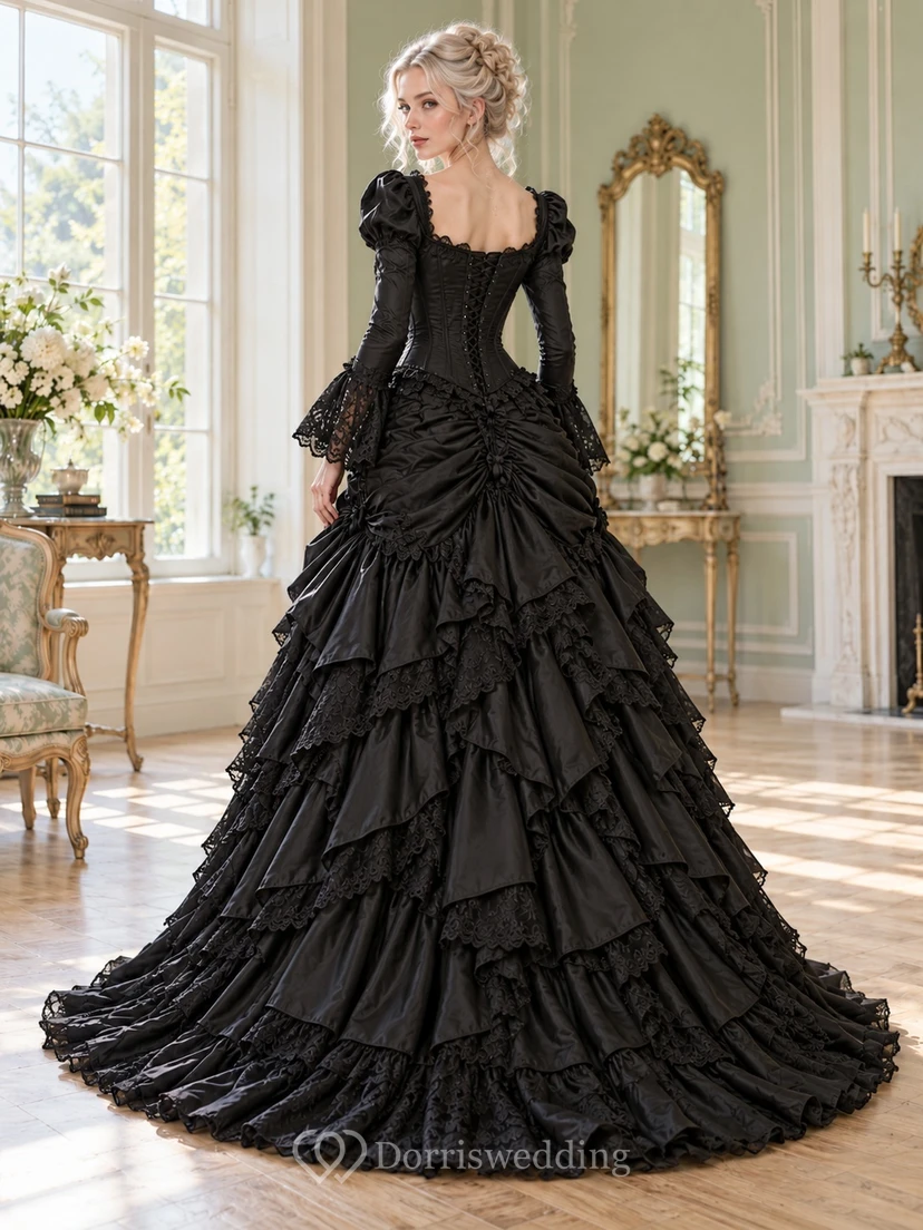 Gothic Victorian Black Square Neck Ruffled Mermaid Train Formal Dress view 2