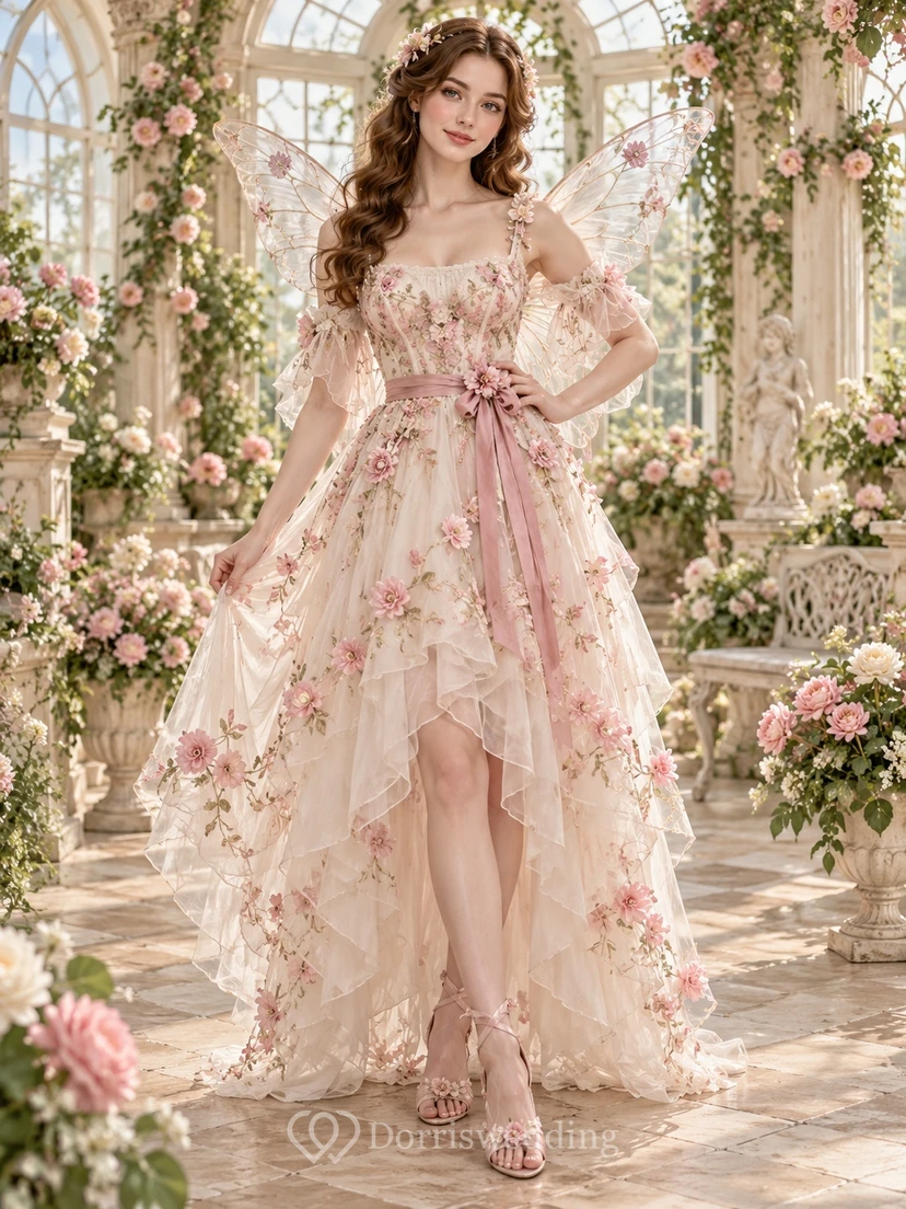 Robe de fée asymétrique à fleurs rose poudré, décolleté cœur, manches papillon superposées