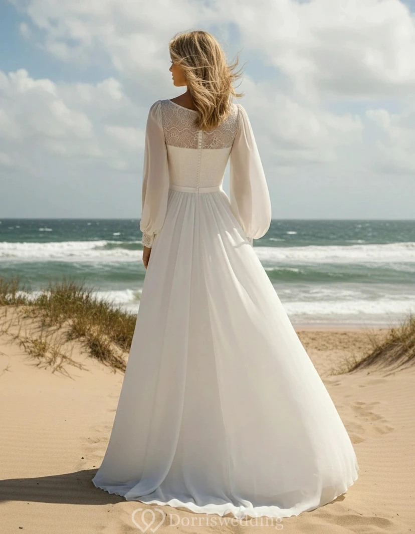 Bateau Neck Puff Sleeve Chiffon Beach Wedding Dress view 2