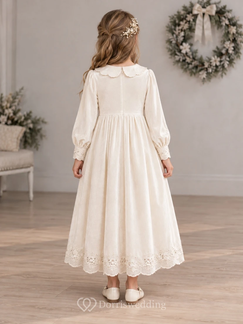 Ivory Velvet Long Bishop Sleeve Lace Hem Ankle Length Flower Girl Dress view 2