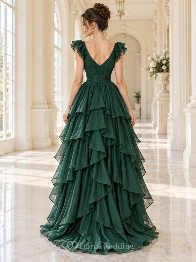 High-low Vintage Dark Green V-neck Ruffle Chiffon Long Prom Dress view 2