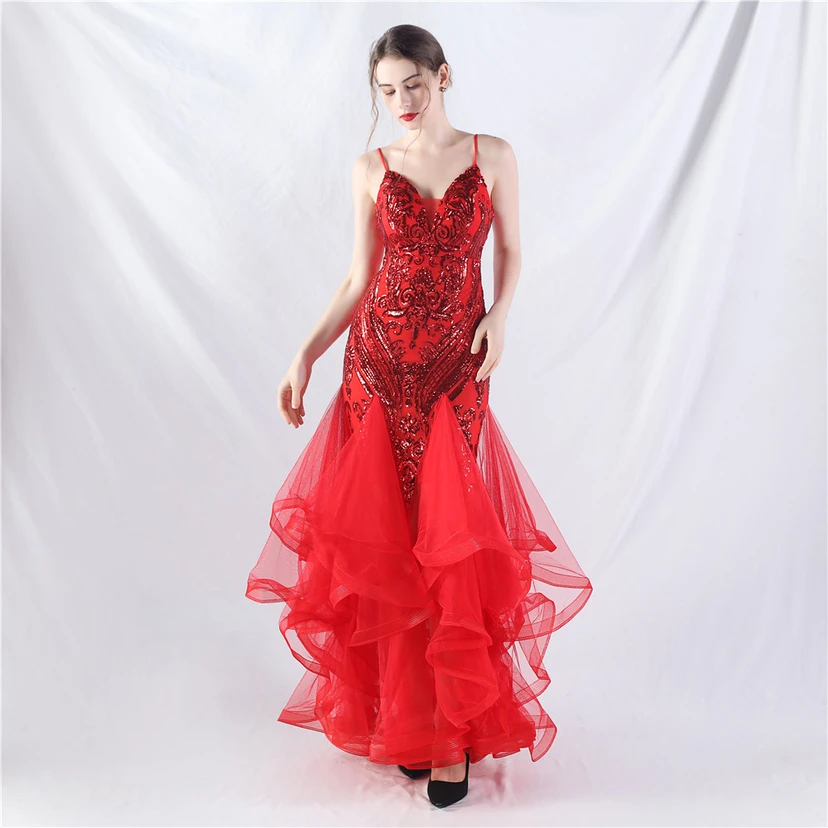Vestido de actuación para celebración de baile caliente con cuentas de flores y posicionamiento de red rígida. view 2