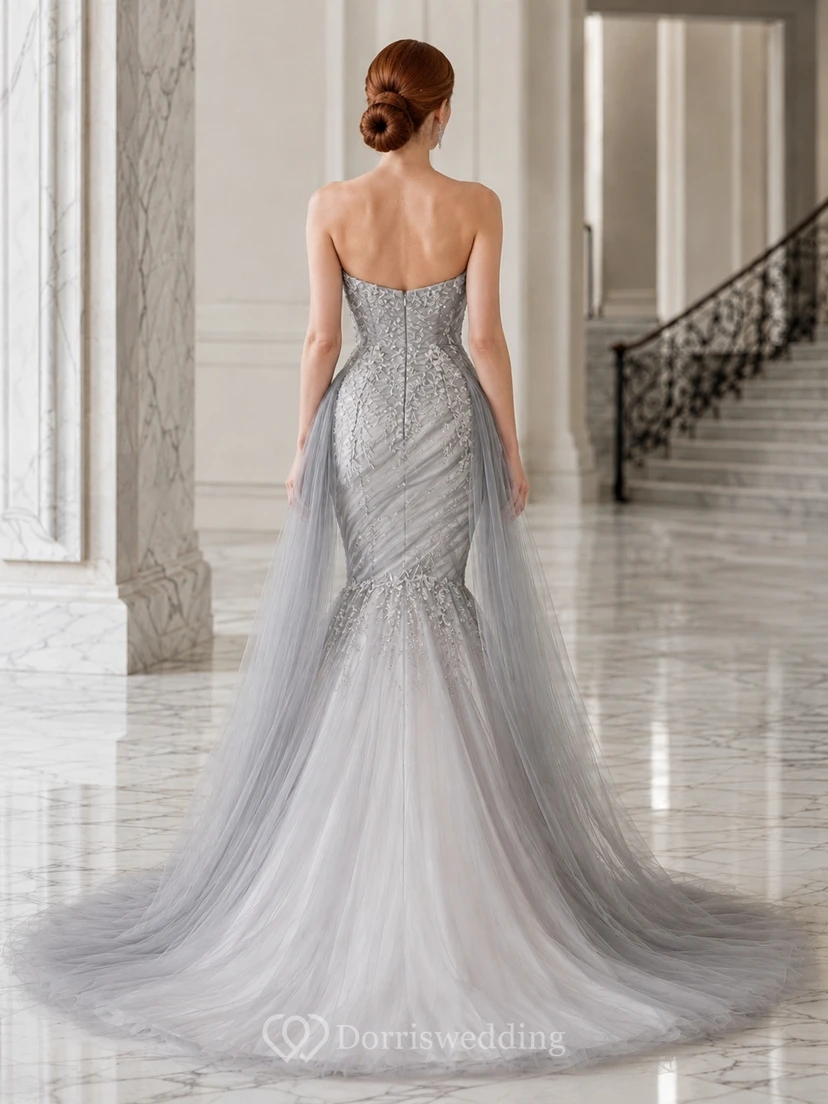 Steel Gray Mermaid Sweetheart Beaded Tulle Ruching Sweep Luxury Bridal Gown view 2